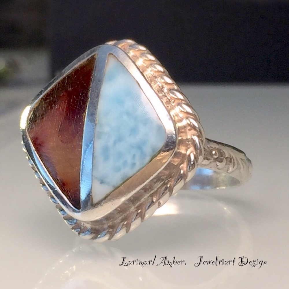 Larimar and Amber Ring
